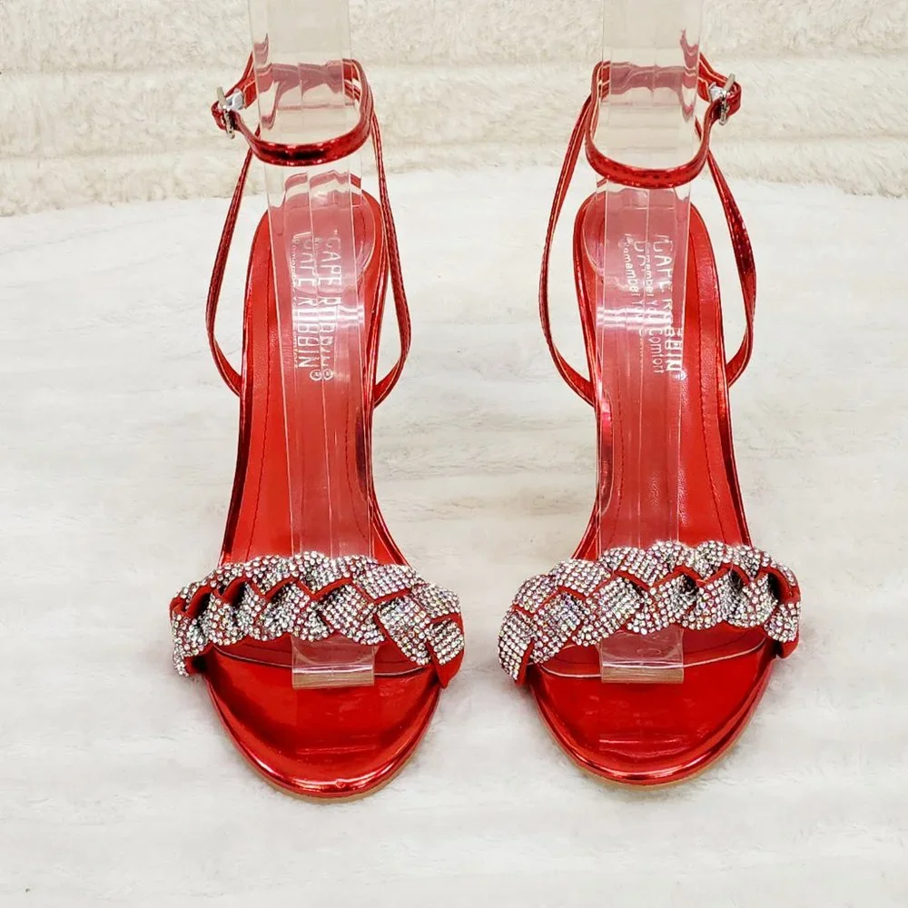 Eva Red Metallic Braided Rhinestone Stiletto Heel Wrap Strap Sandal NEW